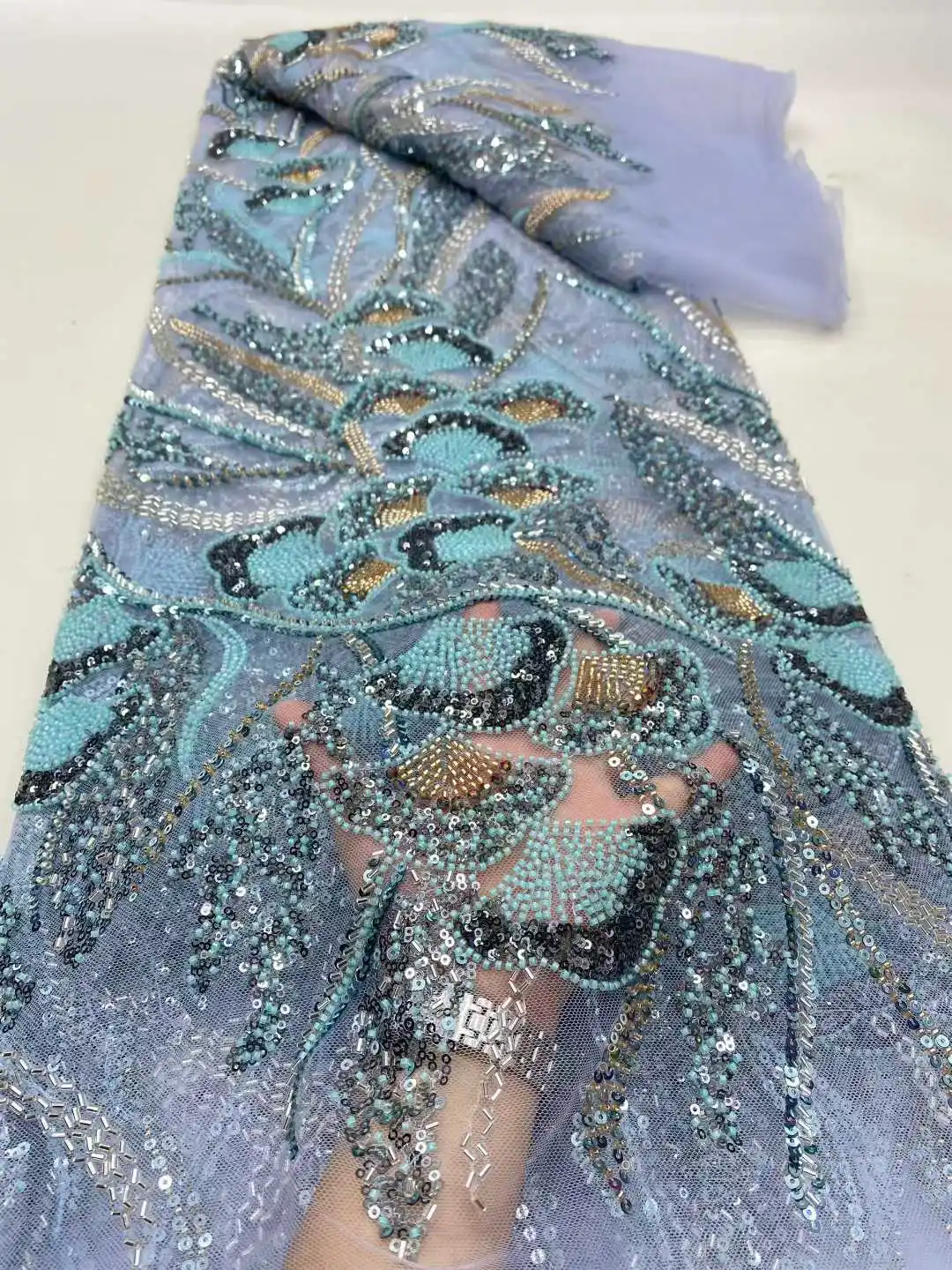 Kain Renda Manik-Manik Afrika Terbaru Kain Renda Payet 5 Yard Berkualitas Tinggi 2025 Kain Renda Biru Gaun Pengantin Nigeria SZ1669