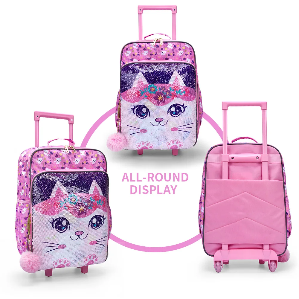 Rolling Wheels Suitcase, Cute Cartoon Kitty Sequin Design, Children Travel Carry on Suitcase, 18 inch, Pink