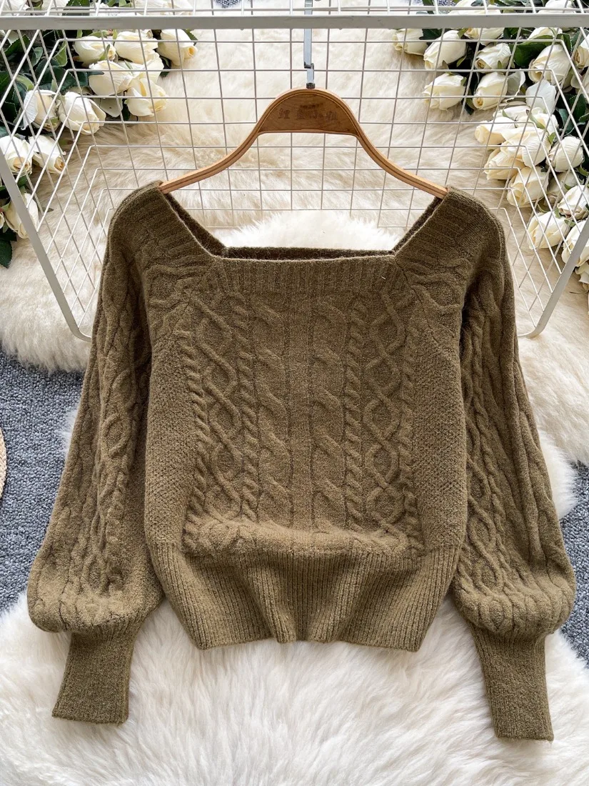 Foamlina Lazy Relaxed Style Knit Square Neck Sweater Women Winter Twist Loose Flattering Design Sense Elegant Casual Sweater Top