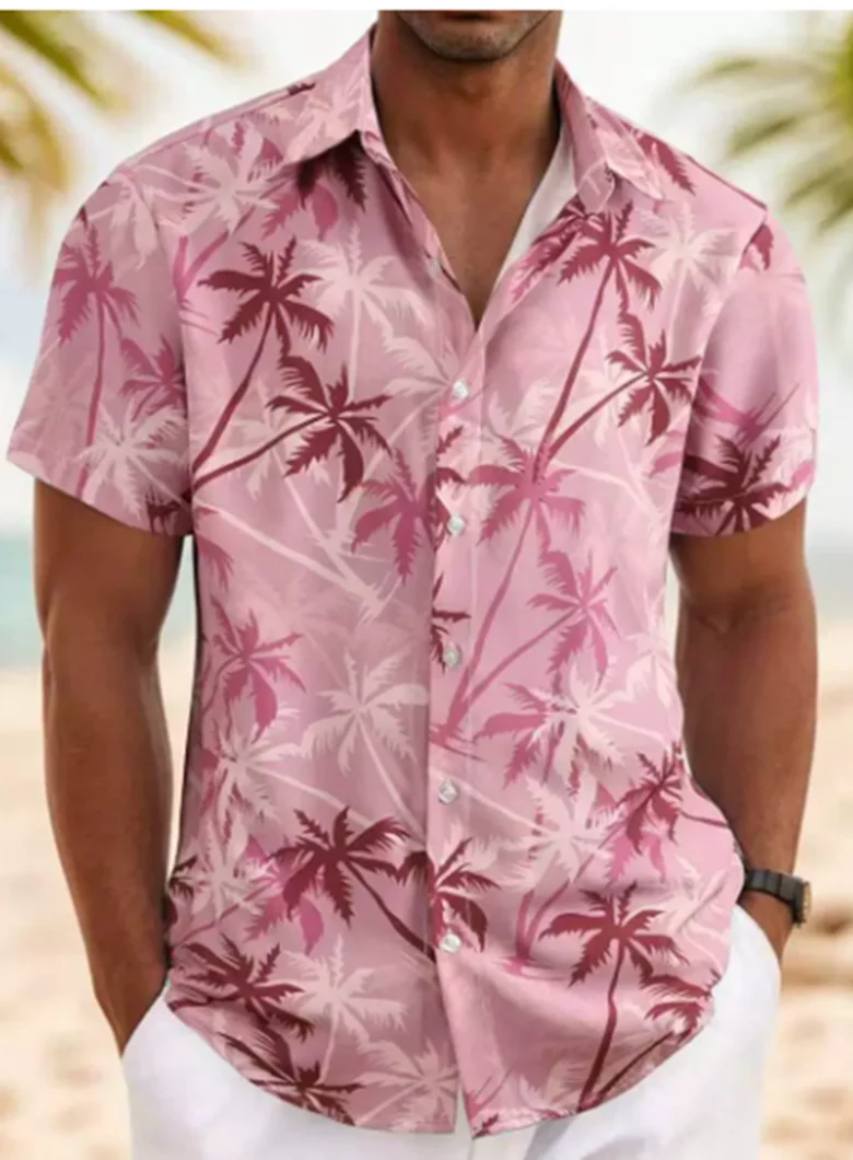 Kokosnussbaum-Strand-Print Hawaiihemd für Herren, Lässiges Kurzarm-Hemd im Urlaubsstil für Männer