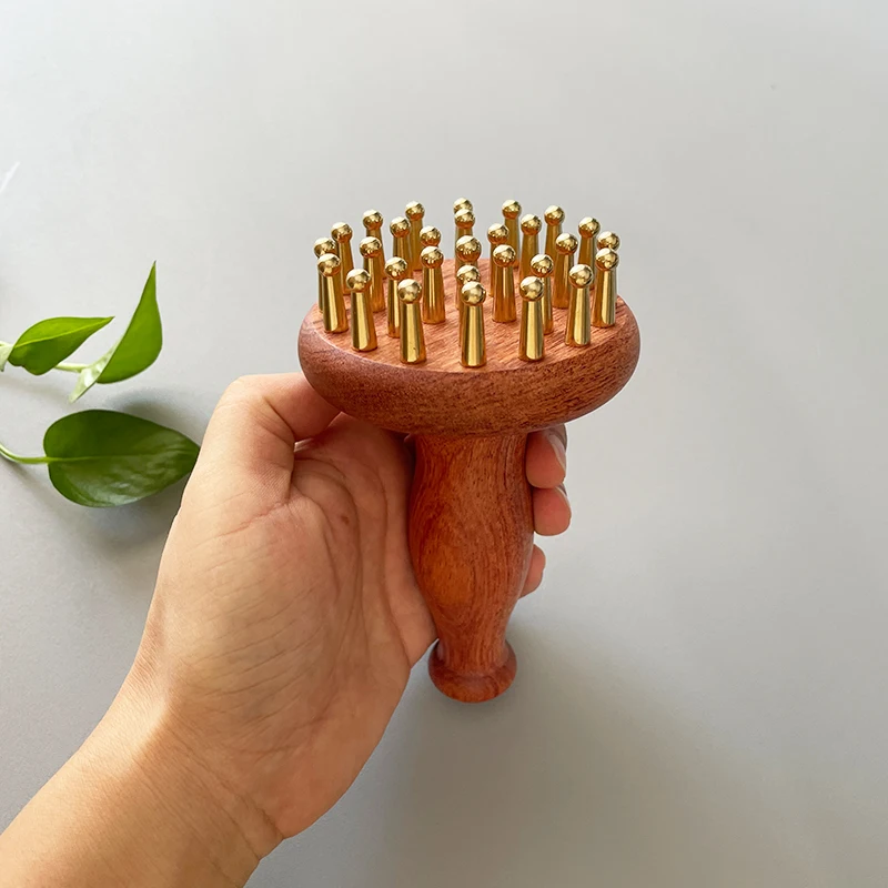 Copper Head Massage Comb for Body and Scalp Meridian Point Massager Brush and Scalp Relief Body Massage Brush Wooden Handle
