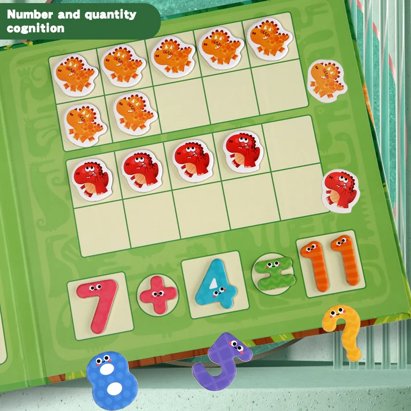 Płytki matematyczne dla dzieci z motywem dinozaurów, rozkładanie liczb, arytmetyka 1-20, dodawanie i odejmowanie, zabawki edukacyjne wczesnego rozwoju.