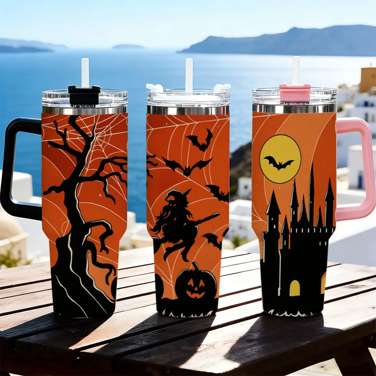 40oz Halloween Witch Castle Pumpkin Bat Spider Web Print Insulated Stainless Steel Travel Tumbler With Handle Large Thermal Cup Halloween Party Gift
