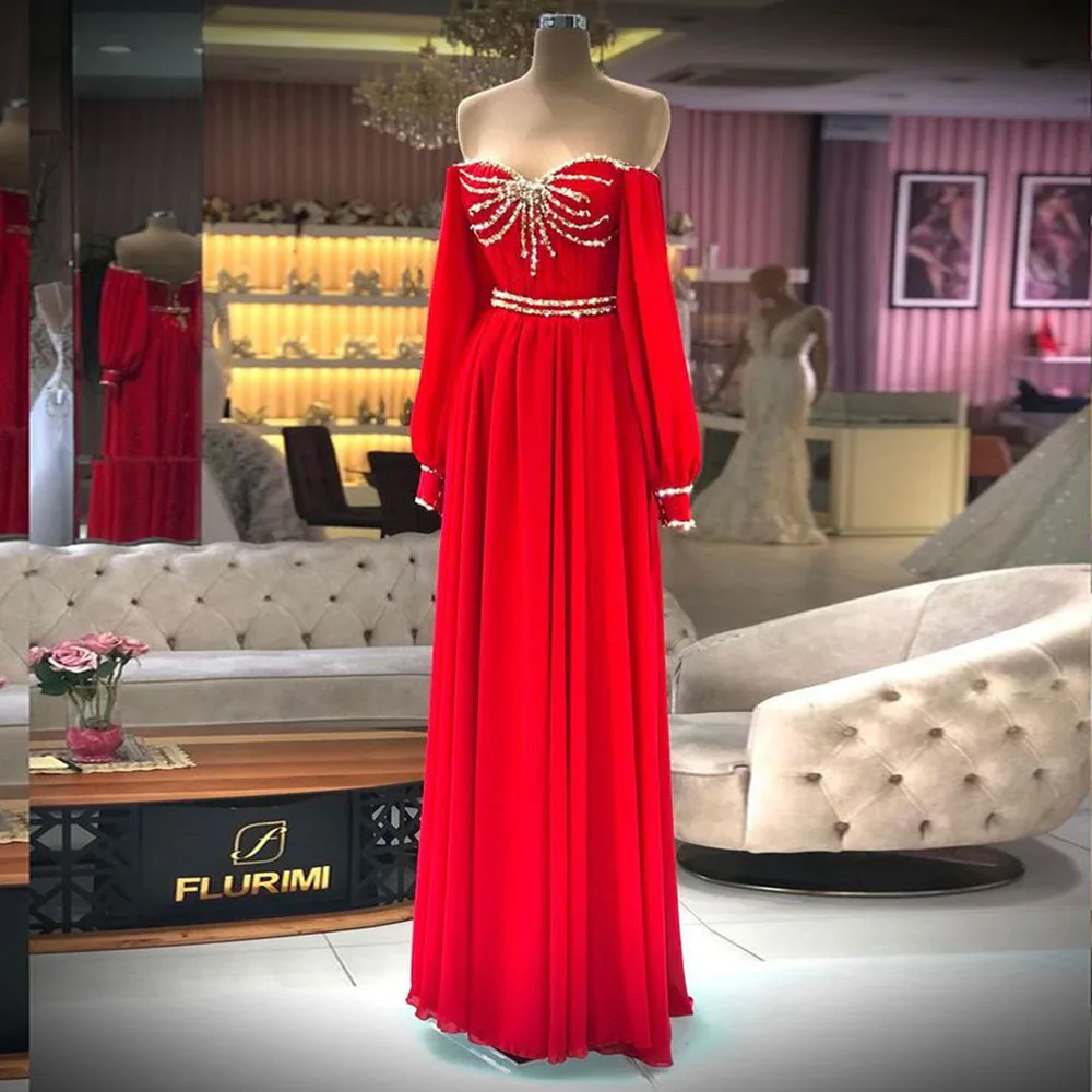 

ANGELSBRIDEP Arabic Dubai Evening Dresses With Long Sleeves Red Sweetheart Beadings Prom Gown Party Dress abendkleider 2024