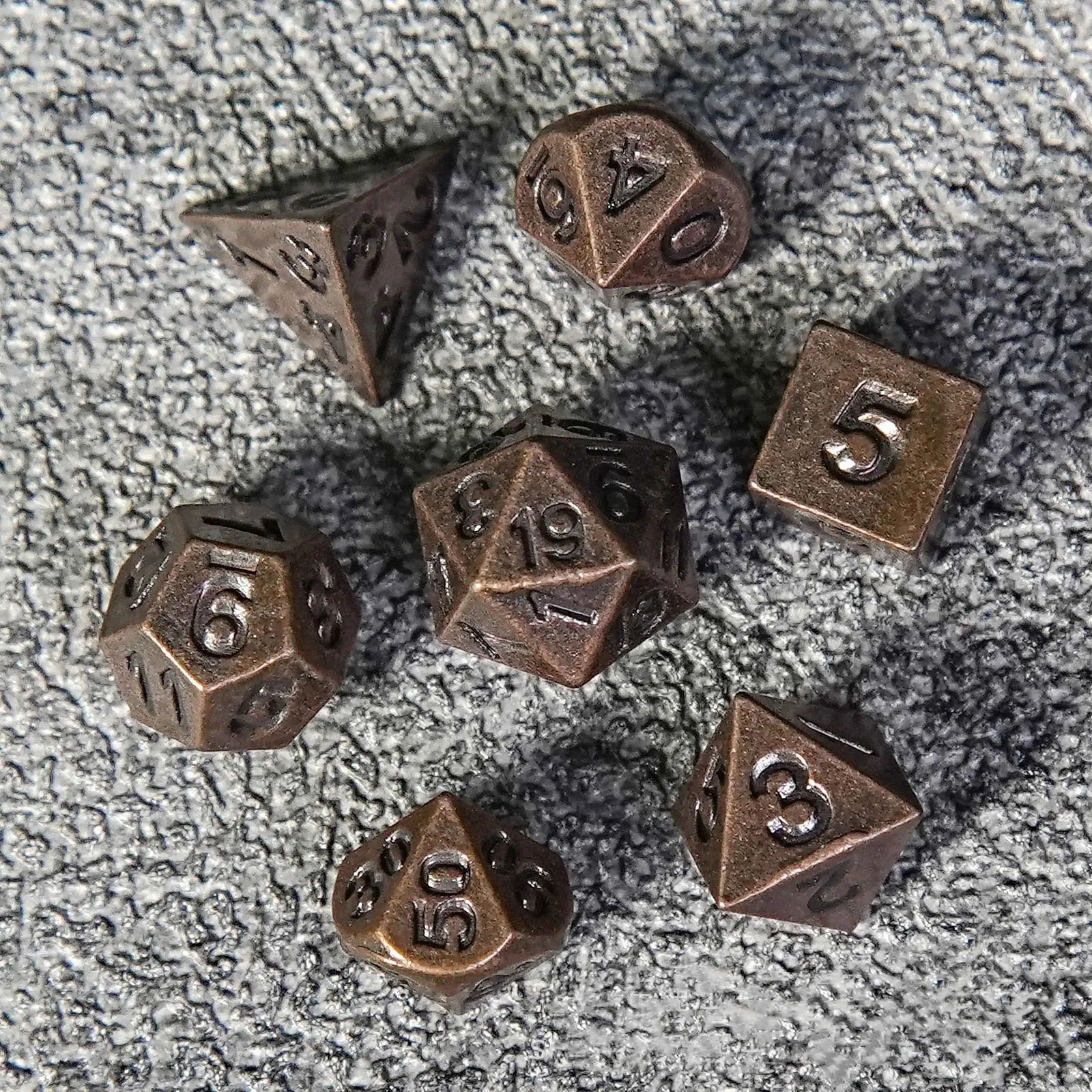 Metal solid mini 5mm multi-faceted dice set for Cthulhu and D&D tabletop games.
