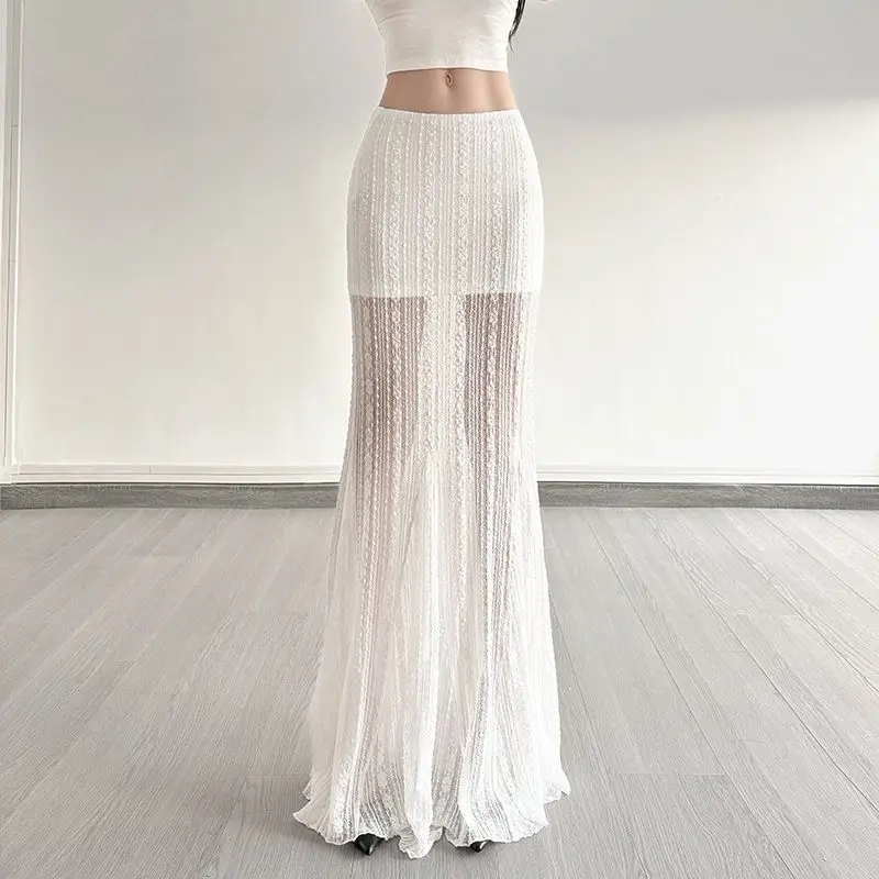 

2025 Summer Floor Skirt Style Pure Desire Long Mesh Lace Skirts Tight Half Length Low White Waist Slim Fit Hip Hugging Dress