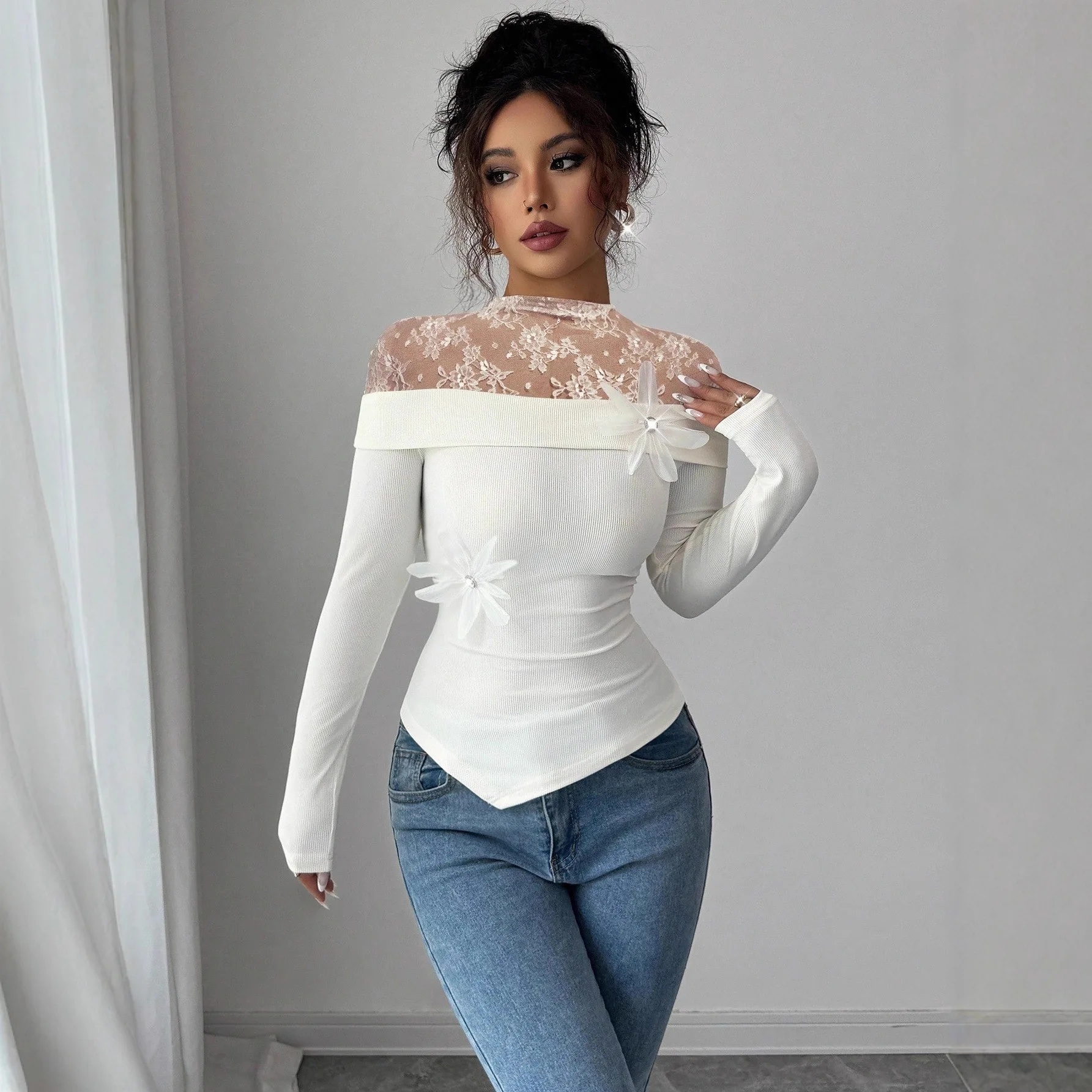 

Women's White Off-Shoulder Top Lace Long Sleeve Slim Asymmetrical Hem Blouse 3D Floral Stylish Romantic Casual Streetwear