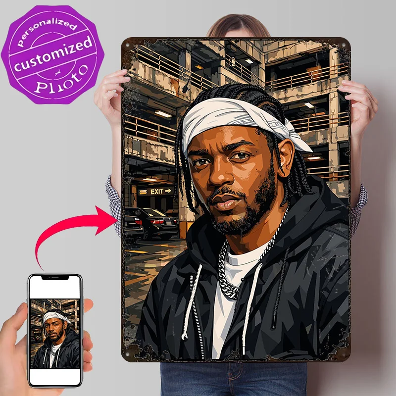 Vector Portrait of Kendrick Lamar 3D Texture Printed Poster Custom Vintage Metal Tin Plate Sign for Wall Art Article Decoration