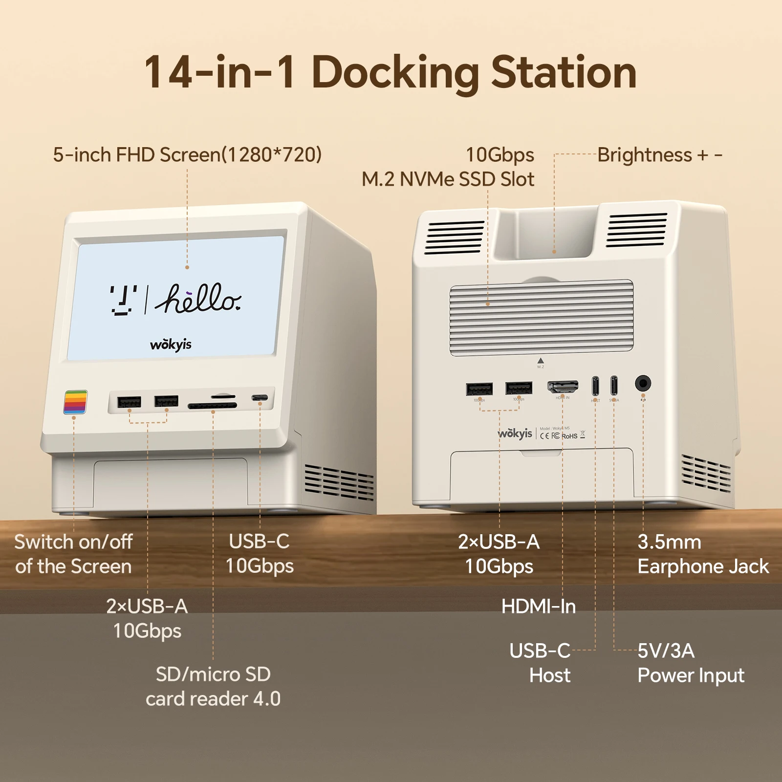 Wokyis M5 10Gbps Mac mini M4 Dock 5 بوصة Full HD IPS شاشة USB-C HUB شاشة عرض مع حاوية M.2 SSD #2