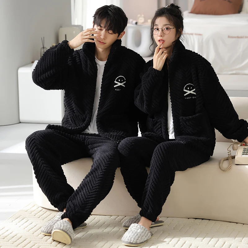 

Newest Winter Couple Pajamas Set Women Men Warm Flannel Pijama Lovers Casual Home Clothing