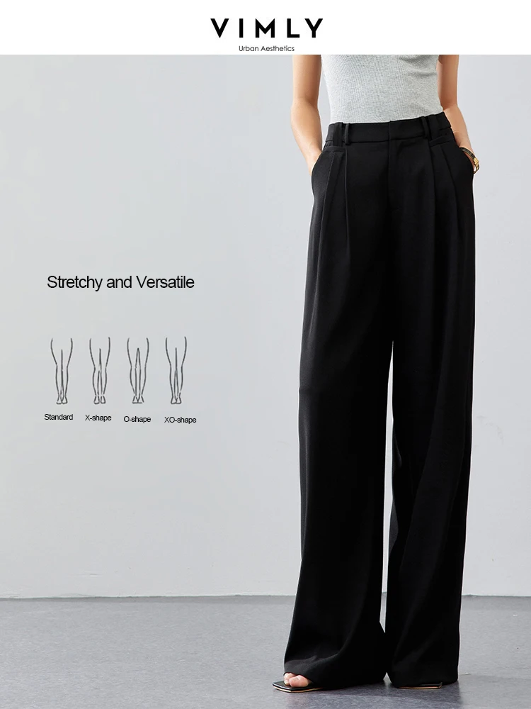 VIMLY Women's Simple Casual Black Draped Wide Leg Pants Summer New Loose Solid Color Suit Straight Pants Blazer Trousers