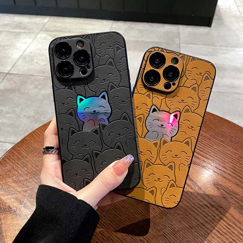 Laser Cartoon Cat Shockproof Case for iPhone 13 11 12 15 Pro Max 14 Plus Anti Knock Back Capa for iPhone14 Pro Max 13 Pro Max 14