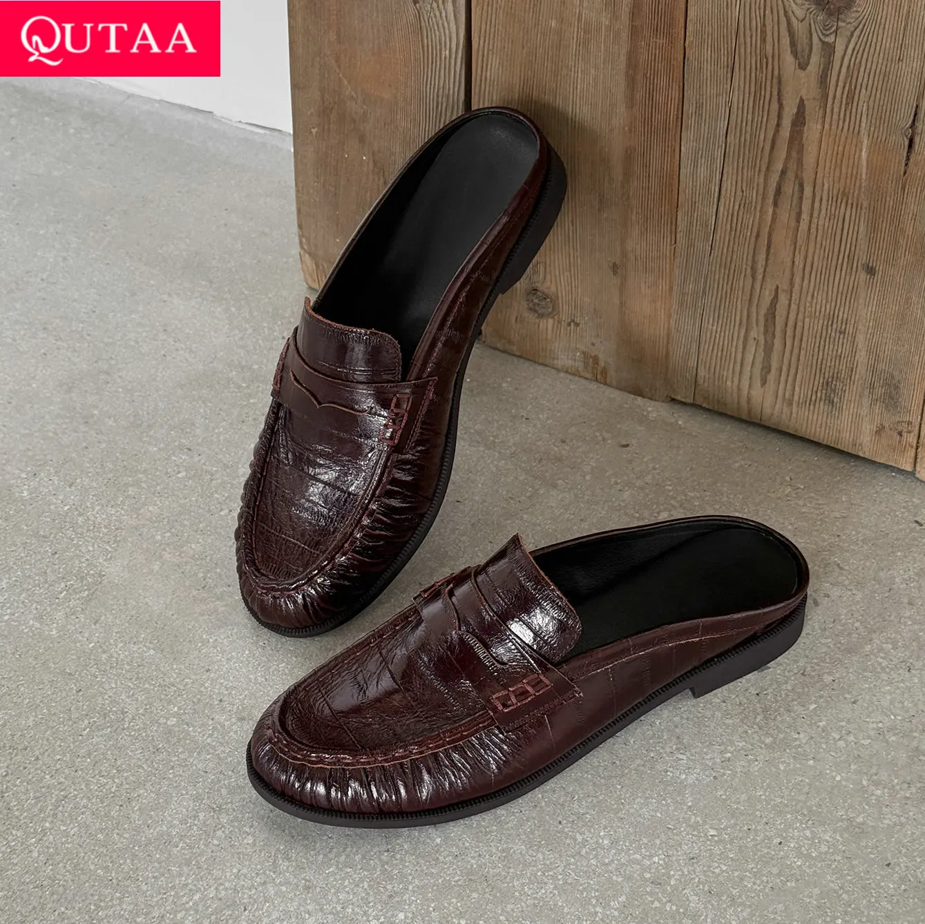 

QUTAA 2026 News Genuine Leather Women Flats Shoes Wrinkled Woman Spring Mules Casual Shoes Autumn Round Toe Ladies Dress 34-40