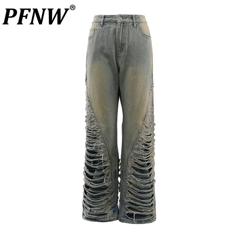 

PFNW Double Layered Design Retro Jeans Men's Broken Holes Washed Worn-out Male Denim Pants 2024 Autumn New Fashion Tide CPG1727