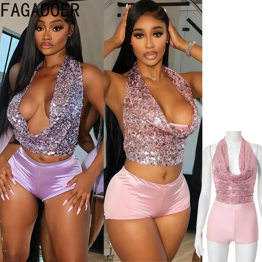 

FAGADOER Sexy Rhinestone Patchwork Two Piece Outfits Woman Halter Sleeveless Crop Tops + Shorts Suits Female Streetwear Clothing
