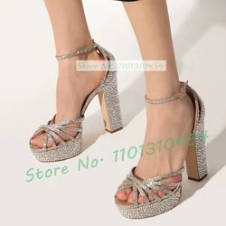 Champagne Crystal Platform Sandals Women Luxury Cross Strap Bling Chunky Heel Shoes Female Height Incresing Open Toe Sandals