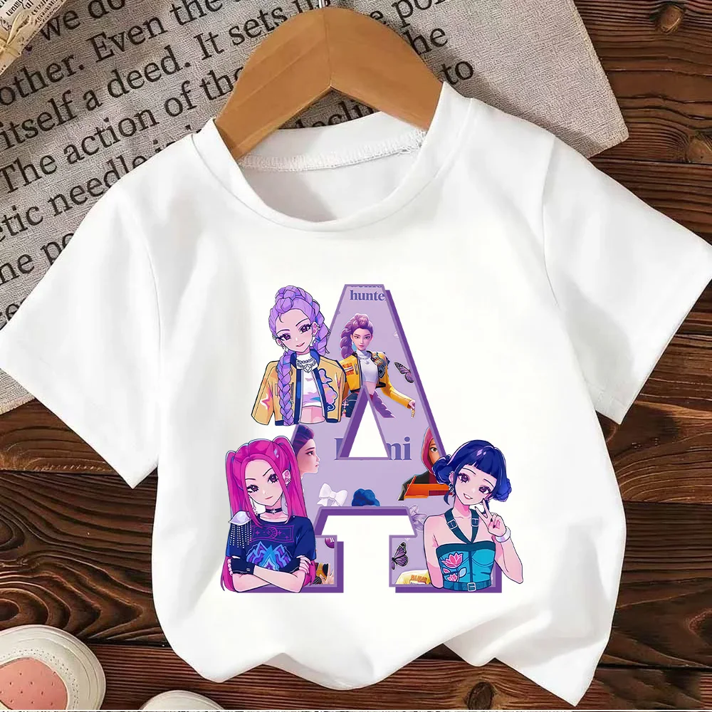 Kpop Demon Hunters Letter A-Z חולצת טריקו Kawaii Rumy יום הולדת חולצות למסיבה לבישת חולצות בנות קיץ בגדי ילדים עם שרוולים קצרים כותנה