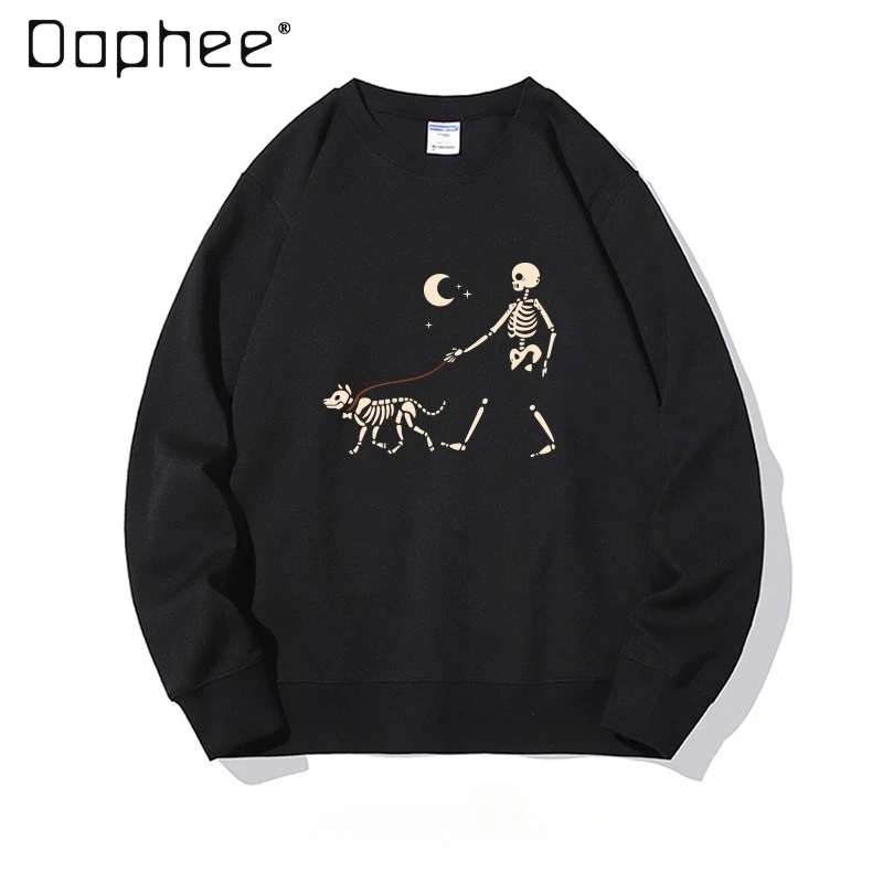 American Retro Fun Dog Walking Print Crew Neck Sweatshirt Autumn Winter New Men's Velvet Loose Casual Blue Sweatshirt
