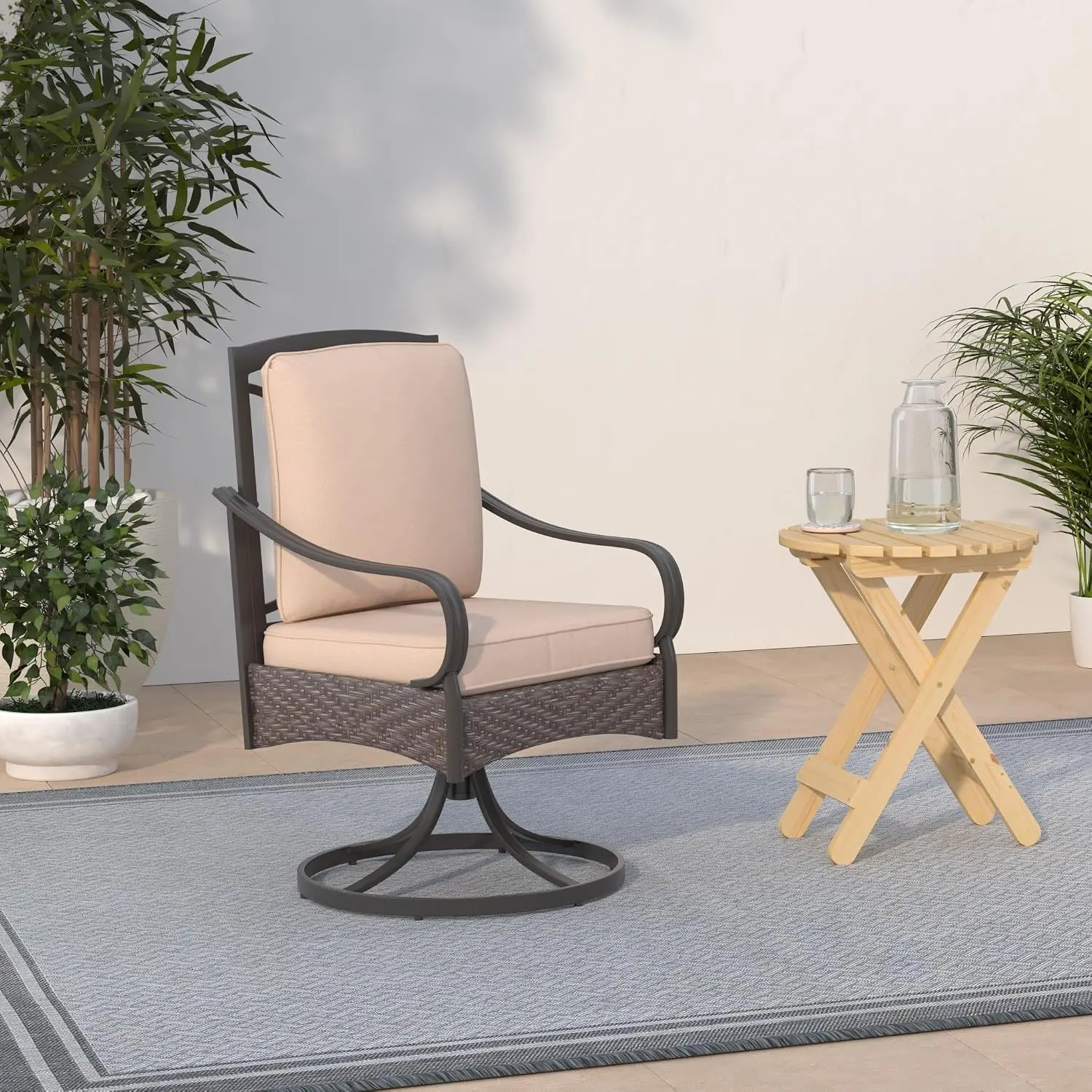 Swivel Patio Dining Chair Wicker Set 2 Cushions Heavy Duty Outdoor Metal Frame Padded All Weather Balcony, Customized