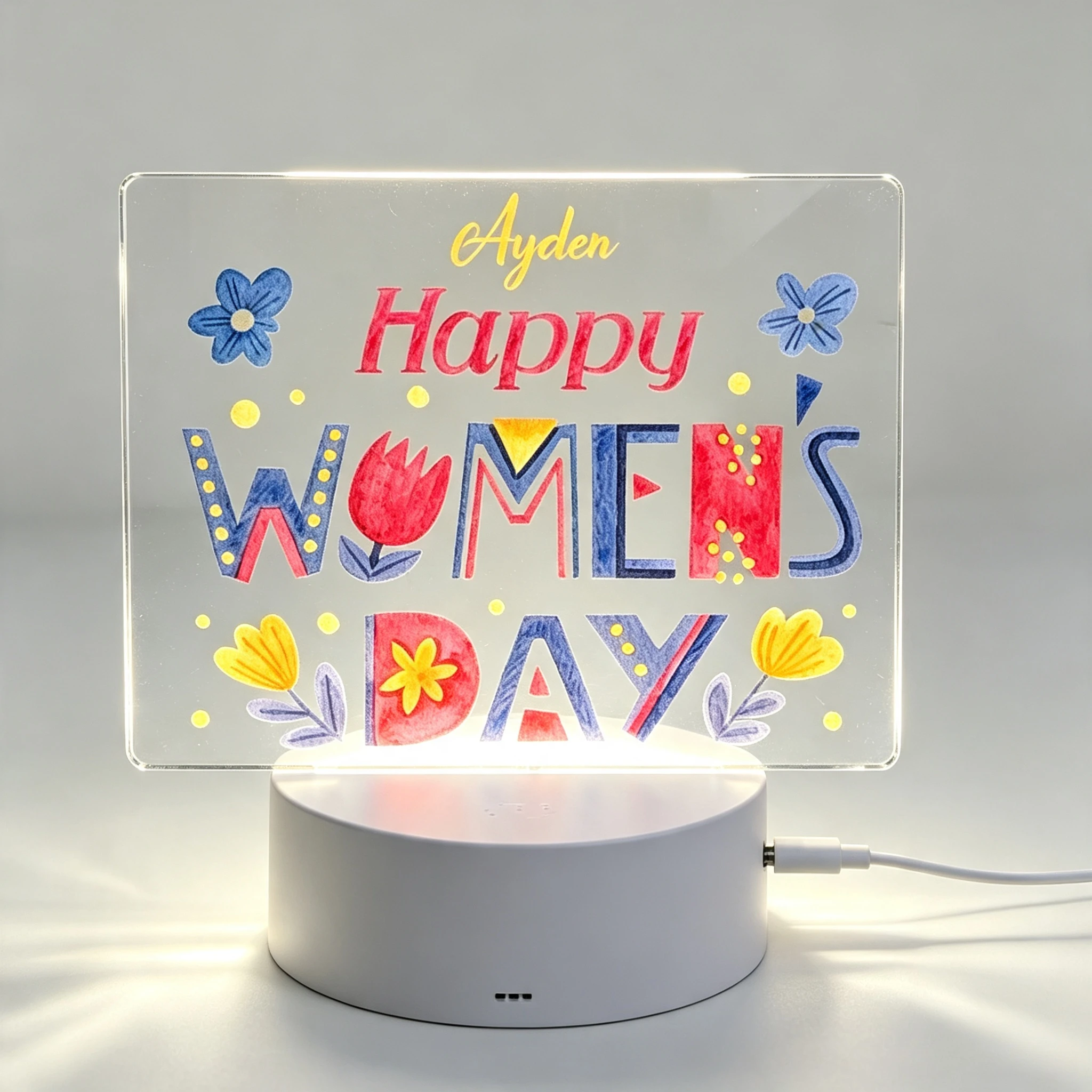Custom Name Colorful Tulip Women's Day Acrylic Night Lamp USB Powered Decor,Holiday Gift Happy Women's Day Letter Floral Acrylic Nightlight Custom Name