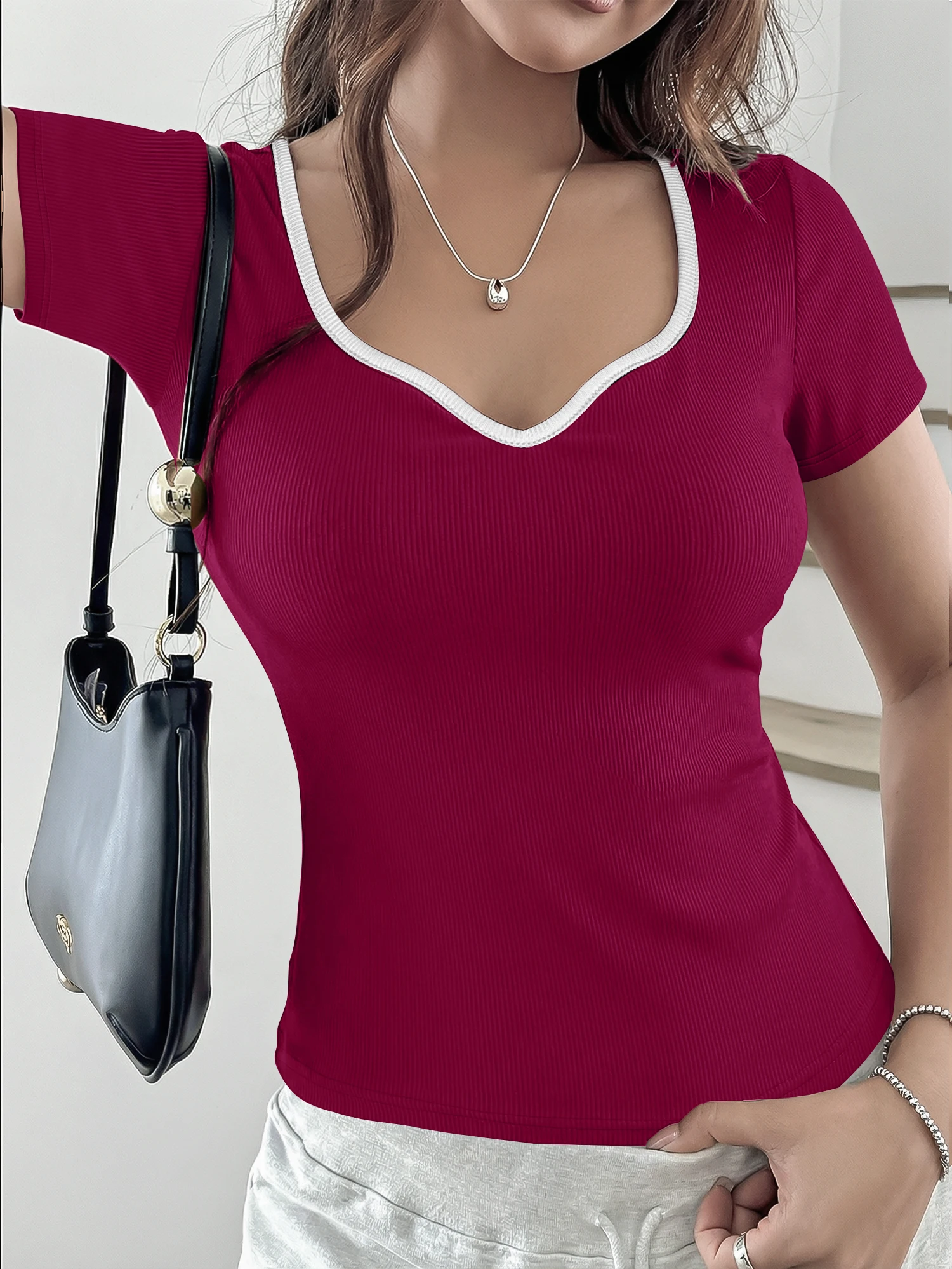 Beach‑Casual Bound‑Neck Short‑Sleeve Blouse, Skin‑Fitting Rib Tee for Pool‑Side Lounging & Coastal Walks