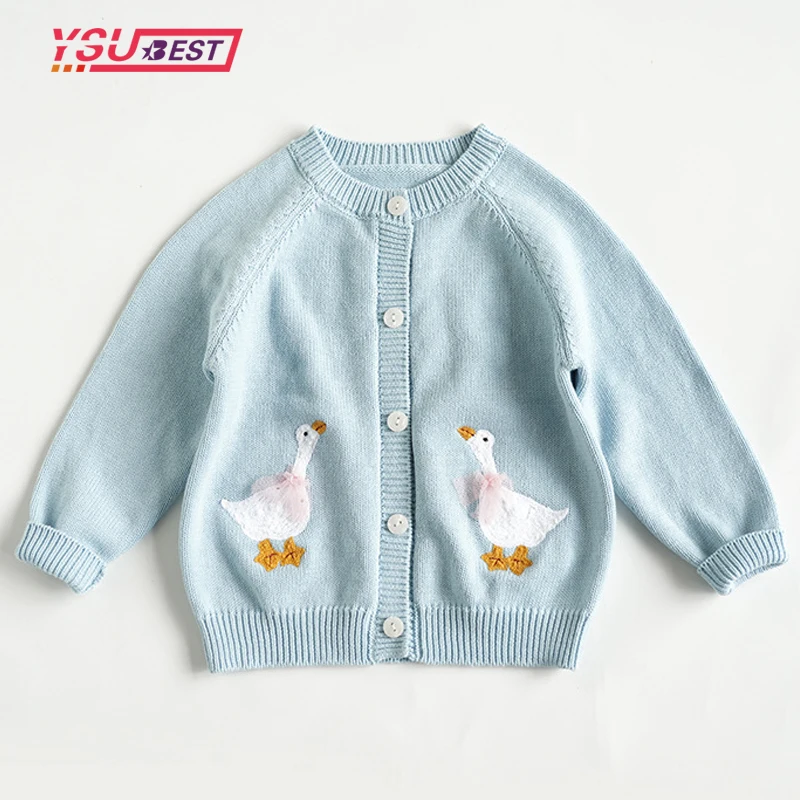 2-7 yrs New Baby Cardigan Girls Sweater Lovely Casual Clothes Autumn Children Cardigan Cartoon Embroidery Duck Pretty Coat Kids