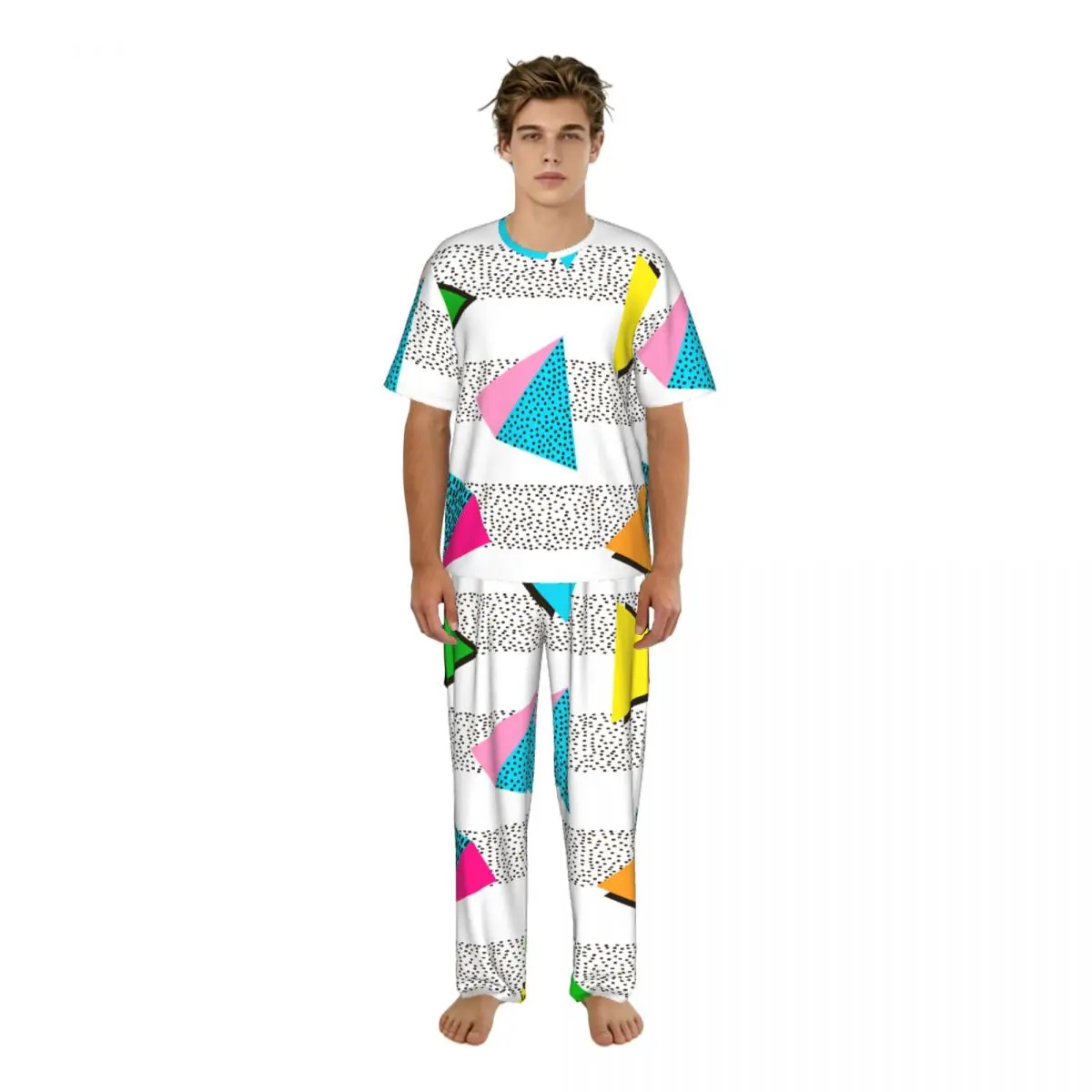 Men's short-sleeved pajamas two-piece trousers Colorful Geometric Bright 80'S 90'S Pattern home wear suit sleepwear