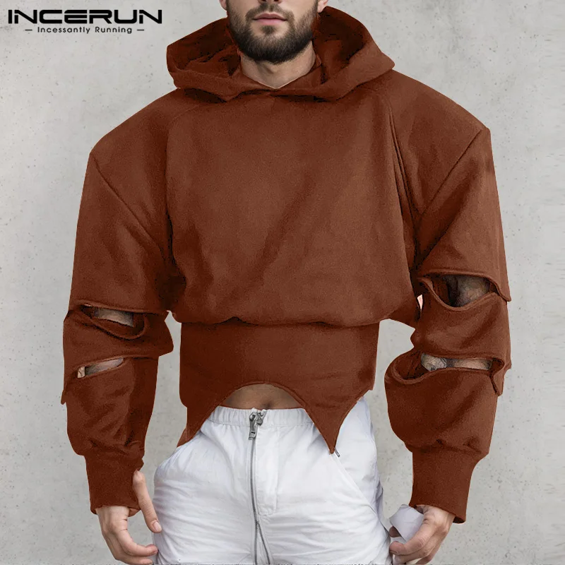 2024 Solid Color Handsome Hooded Pullovers INCERUN Men Long Sleeve Sweatshirts Casual Deconstruction American Style Loose Jumper