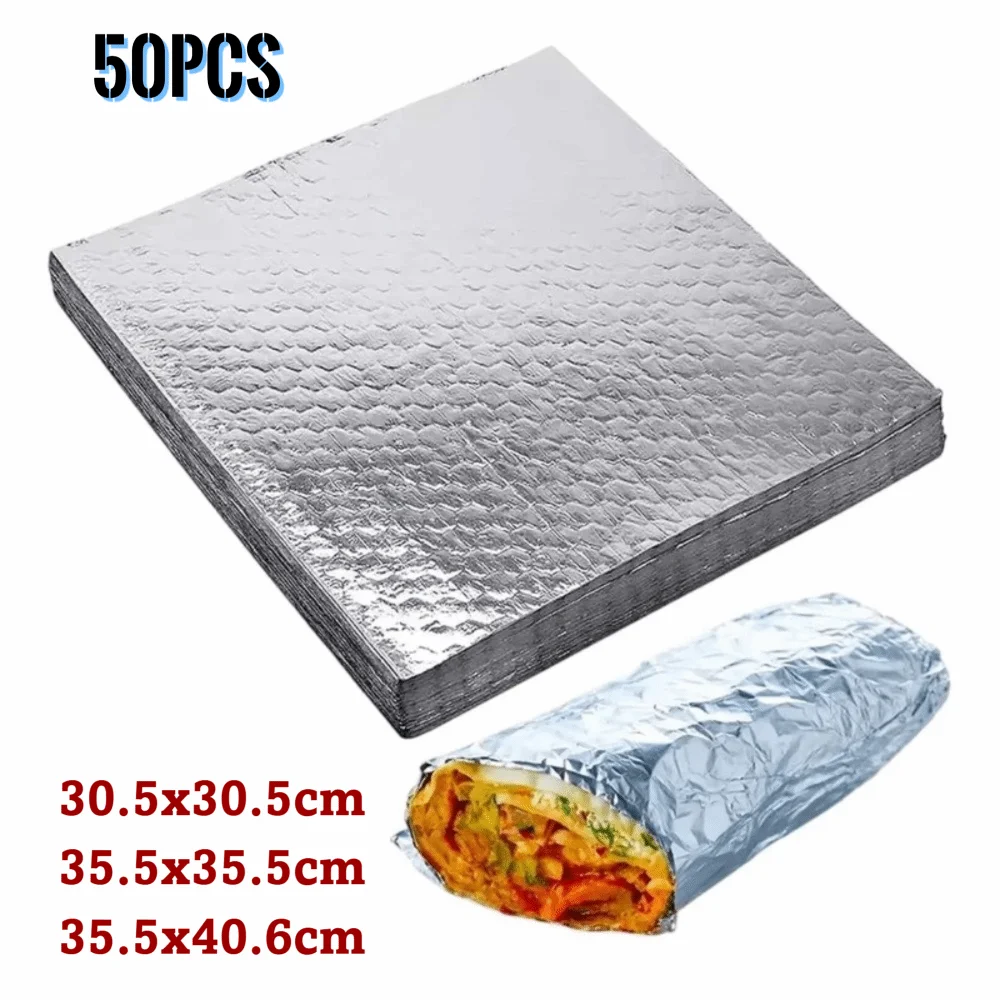 50Pcs Deli Thermal Insulated Foil Wrap Sheets Aluminum Foil Restaurant Catering Grease-Resistant Wrap Paper Hot Food Compatible