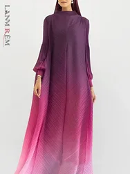 LANMREM Fashion Party Gradient Pleated Long Dress Women Lantern Sleeves Loose Fit Dresses Elegant 2024 New Clothing 32C1262