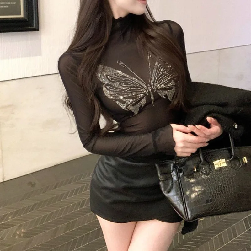 Frühling Sommer Mesh Schmetterling Strass Top Frauen Langarm Sexy Schwarz T Shirts Transparent Club Streetwear T-shirts Shirt Tops