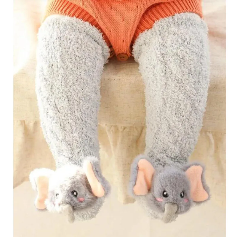 Baby Cartoon Fuzzy Socks Plush Stuffed Animal Gray Elephant Sock Top Slipper Booties Sherpa Slippers 3PAIRS/6PCS