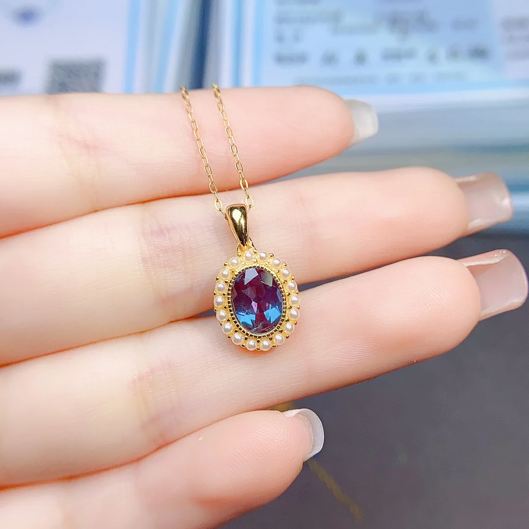 Oval 6x8mm Alexandrite Pendant Necklace With Pearl 925 Silver Color Change Gemstone June Birthstone Birthday Anniversary Gifts