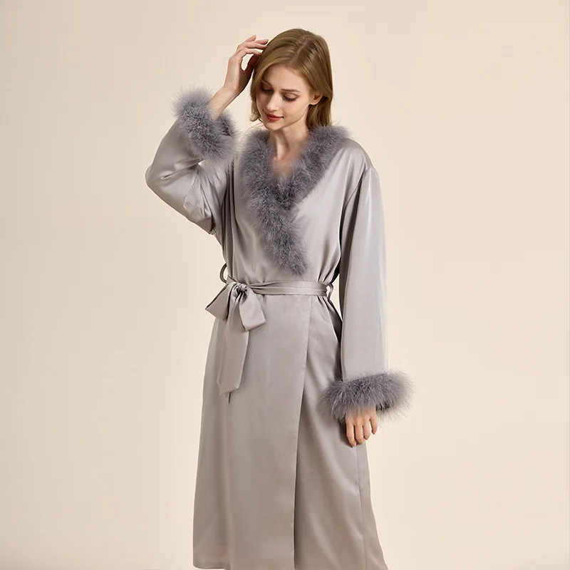 LuxurFlannel Feather Pajamas for Women Soft Plush Fleece Robe Mid-Long Bathrobe with Pockets Warm Loungewear for Winter and Spa