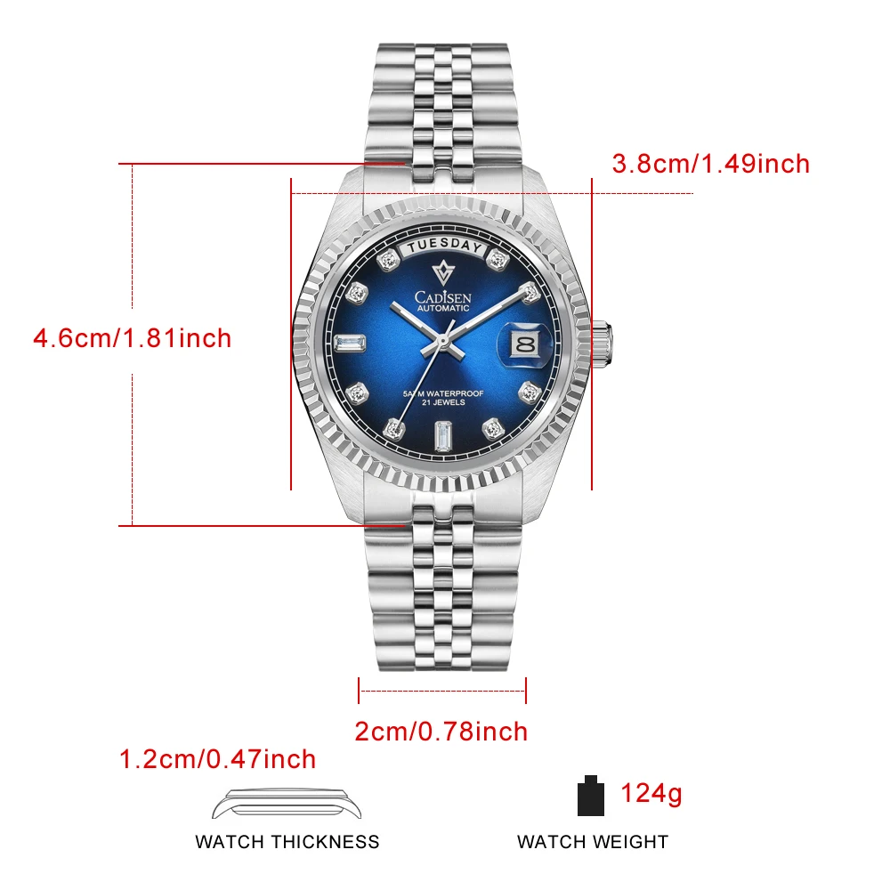 CADISEN 2024 New Men\'s Mechanical Watches DD38 Week Diamond Dial Luxury Automatic Watch Men Japan MIYOTA 8285 Sapphire Crystal