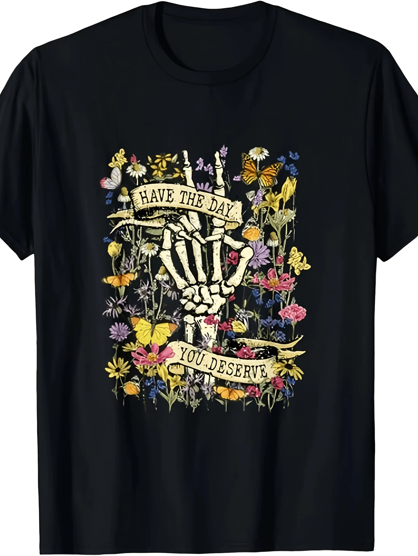 Floral Skeleton Peace Hand Sign T-Shirt, Have The Day You Deserve, Same Style for Men And Women, Summer Short-Sleeved, Vintage Crew Neck, Regular Fit, All-Season, Slight Stretch Fabric
