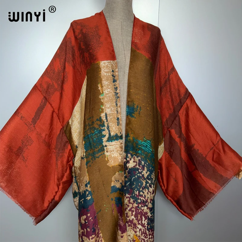 WINYI kimono Cardigan con stampa a olio Bikini Cover-up abiti da spiaggia per donna abito in cotone con sensazione caftano musulmano abaya dubai lusso