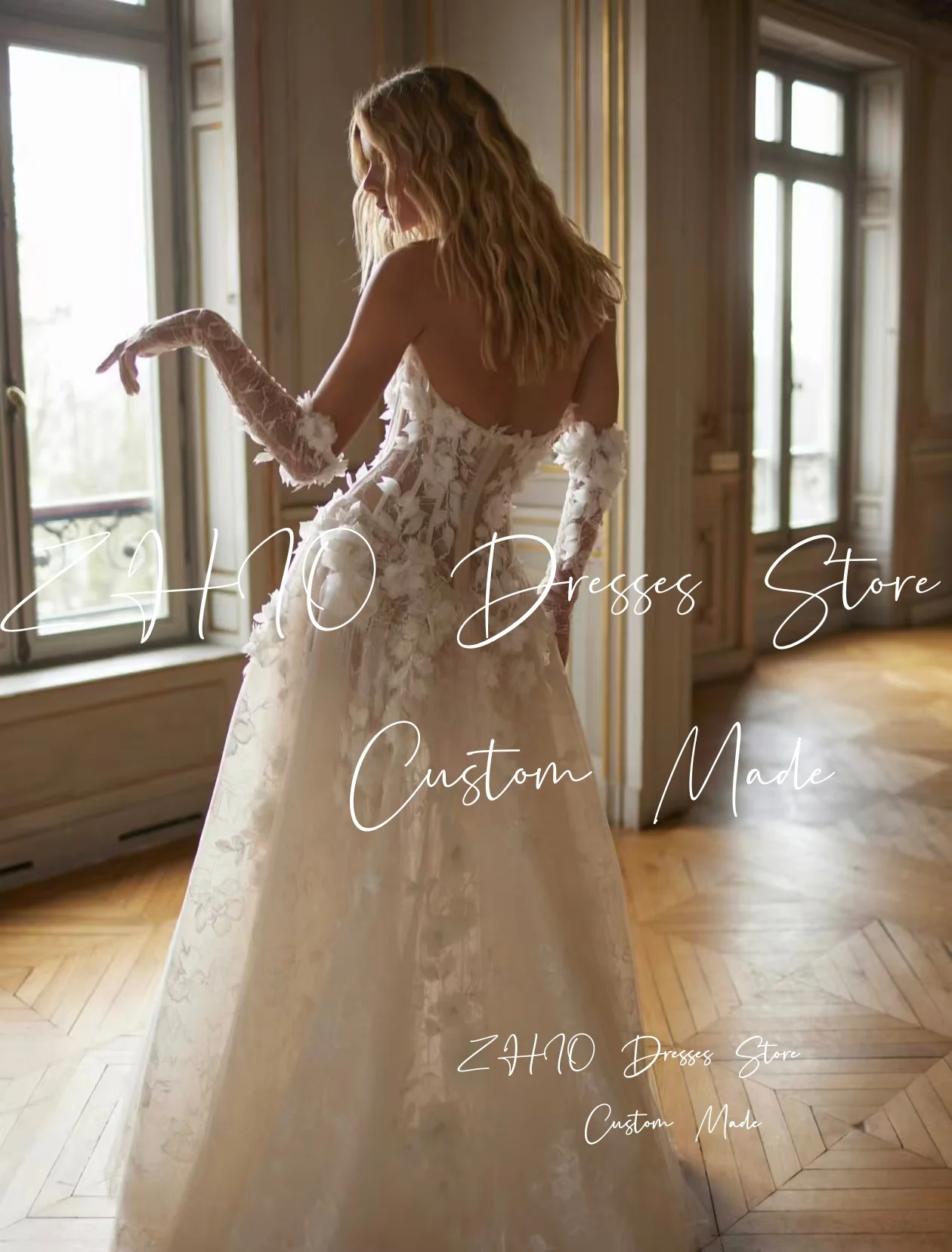 ZHIO Luxury 3D Flowers Wedding Dress Strapless A-Line Sweep Train Ivory Tulle Bridal Gown Customized Princess Vestidos De Novia