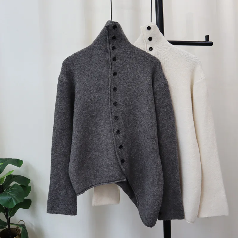 European Autumn Winter Fashion Women's Solid Color Stand Collar Casual Trendy Long Sleeve Knitted Sweater Coat Female Cardigan