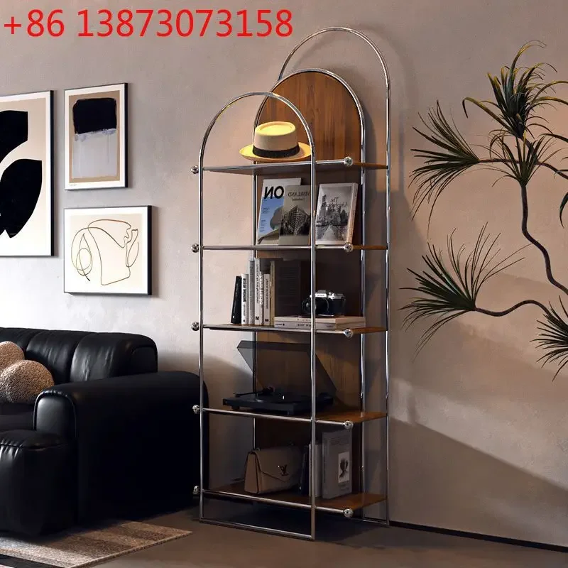

Retro medieval French light luxury Nordic stainless steel bookshelf black decorative shelf household storage shelf