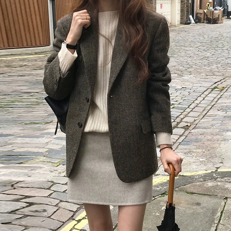 Classic 2026 New Women's Loose Tweed Suit Jacket Korean Style Plaid Retro British Style Long Sleeve Button up Polyester Fiber