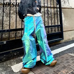 HKSH Autumn New Men's Tide Coated Green Laser Bright Surface Niche Accumulation Multi Pockets Wide Legs Slim Flared Pants HK1294