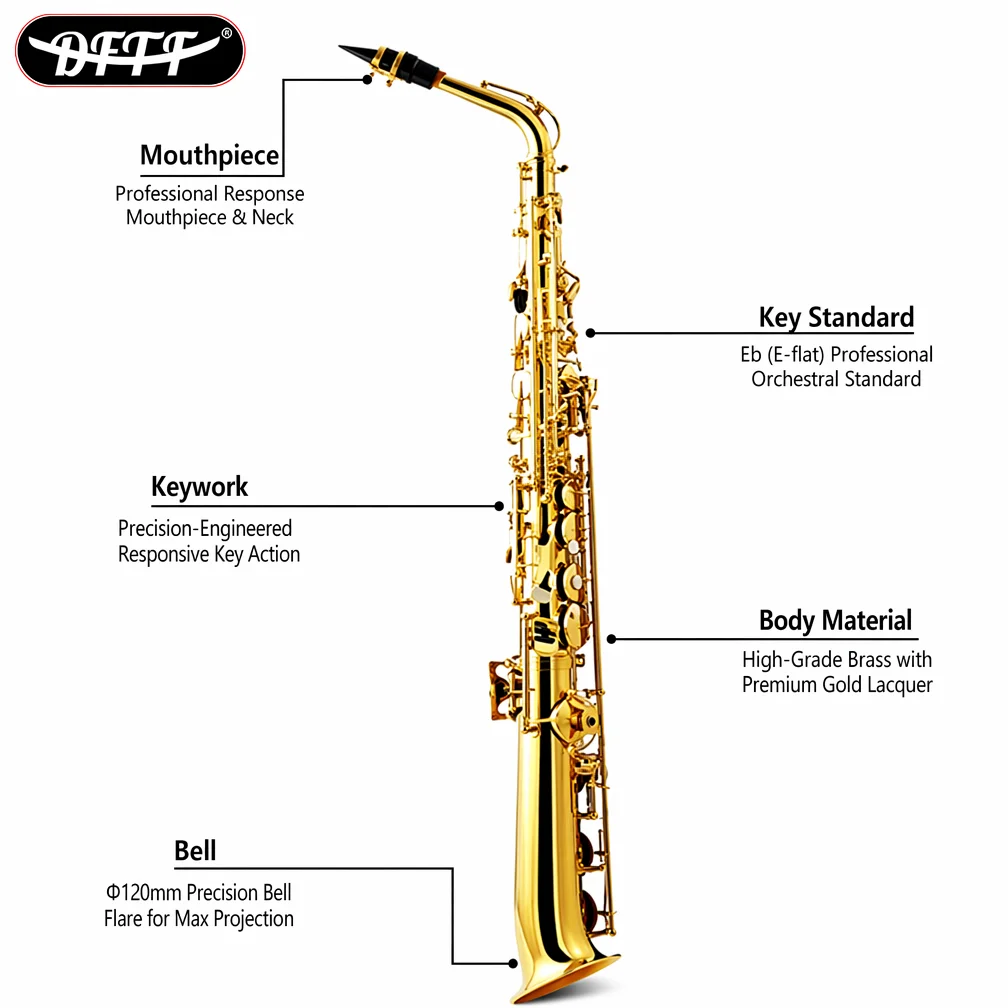 OEM ODM Custom Logo Eb Straight Alto Saxophone Yellow Brass Gold Lacquer 120mm Bell With Foambody Case Wholesale Factory
