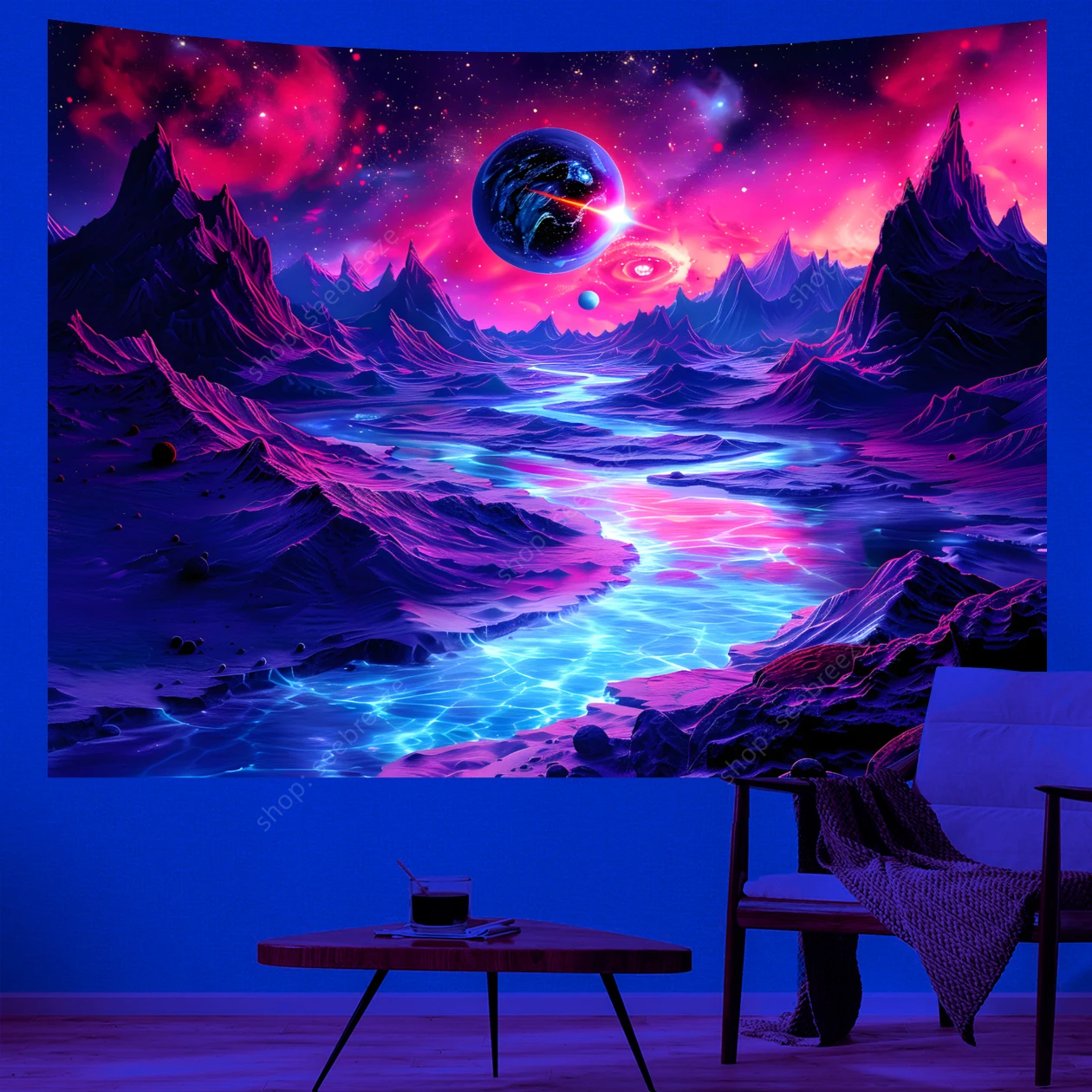 Planet UV Reactive Tapestry Psychedelic Mountain and River Neon Art Wall Tapestry for Bedroom Aesthetic Dorm Party Decor Curtain