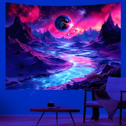 Planet UV Reactive Tapestry Psychedelic Mountain and River Neon Art Wall Tapestry for Bedroom Aesthetic Dorm Party Decor Curtain