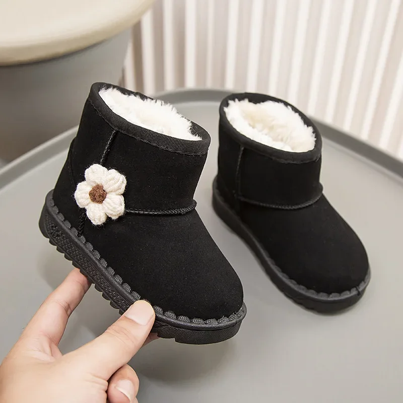 Simple Floral Children Fleece-lined Cotton Shoes Boys Girls Warm Snow Boots Students Outdoor Sports Warm Shoes Kids Mid-calf