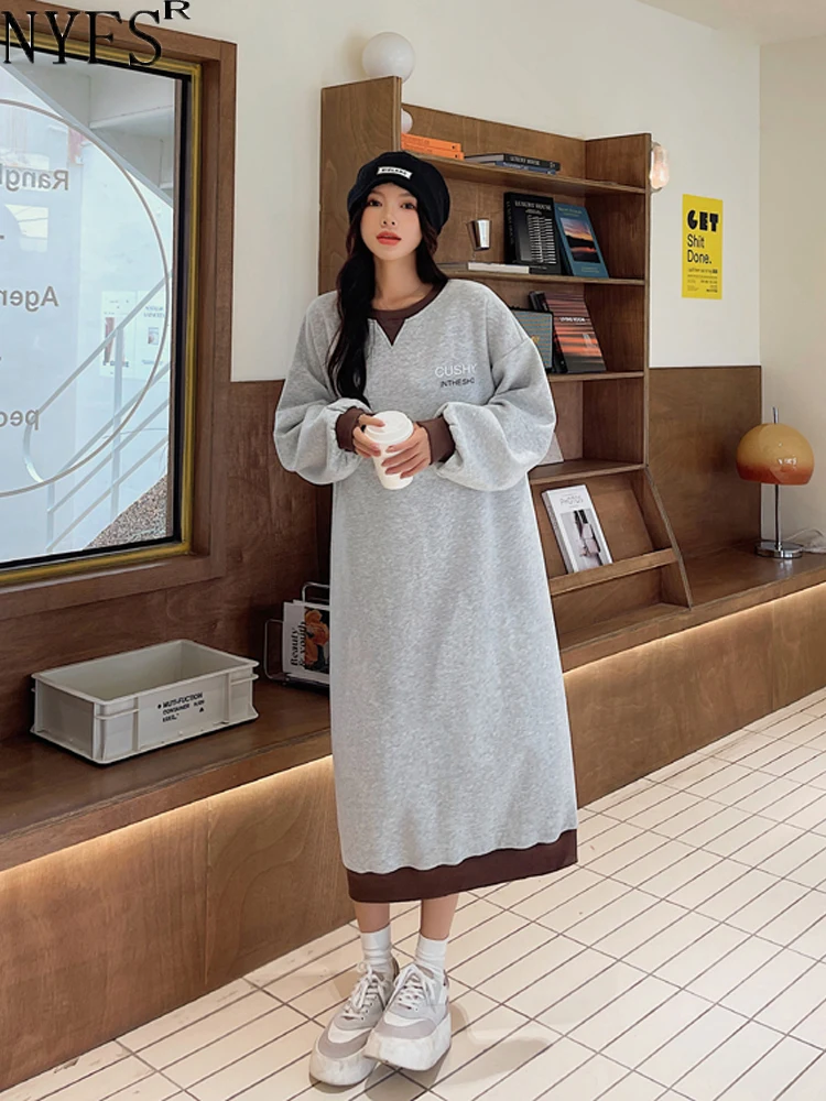 NYFS 2023 Autumn Winter New Korea Woman Dress Vestidos Robe Elbise Loose Plus Size Plus Fleece Thick Hooded Long Dresses