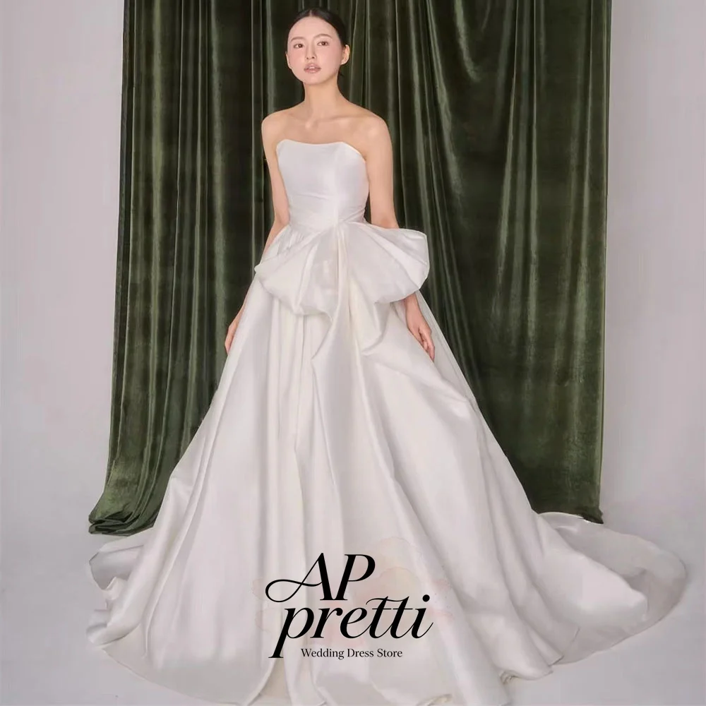 AP pretti Elegant Ivory Strapless Satin Korea Wedding Dress Photo Shoot Large Bow Ball Pleat Bridal Gown 2026 Customized