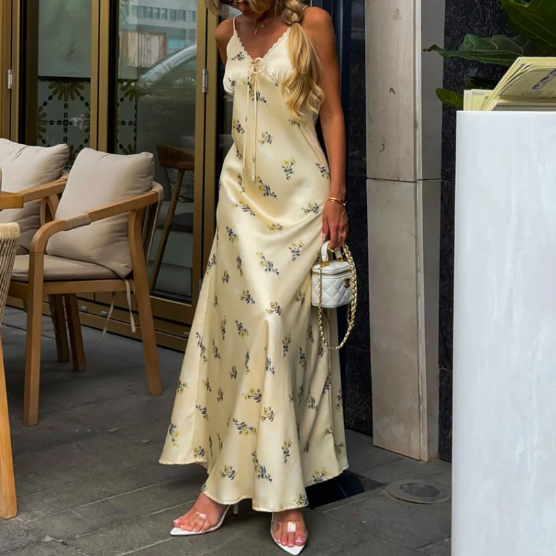 Elegant Slim Fit Floral Suspender Dress Spring and Summer Women Sexy Lace Up Chest Wrap Design Daily Office Party Casual Dress