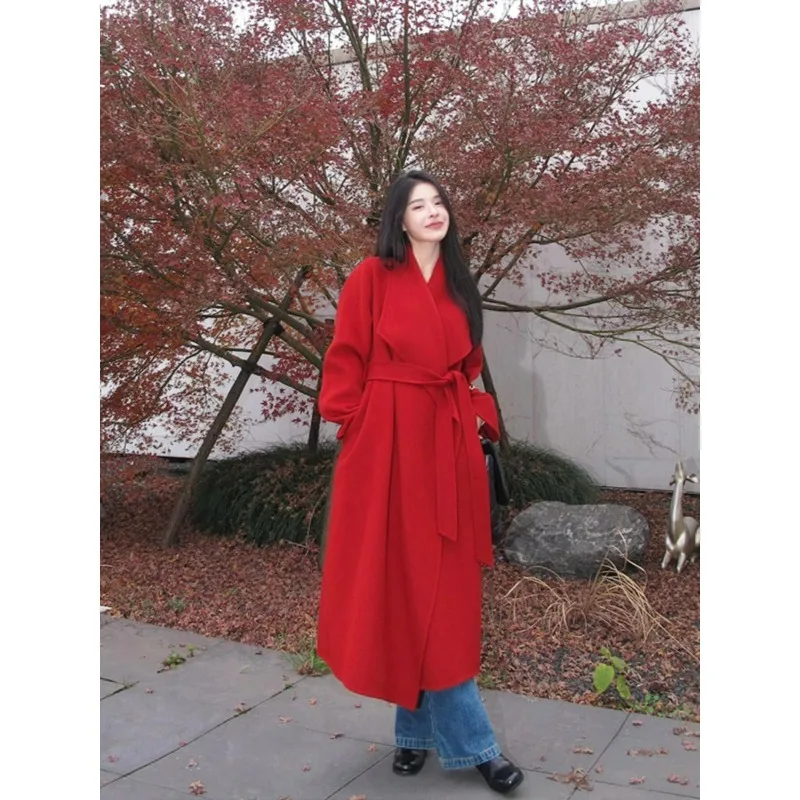 A Mid-length Double-sided Woolen Coat for Brides in Autumn and Winter Simple and Elegant Grey Tweed Overcoat for A Short Figure